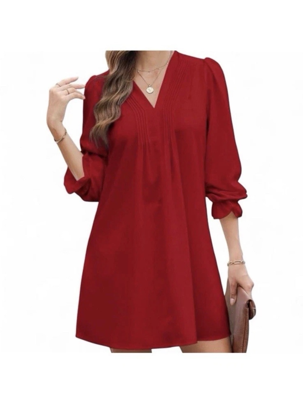 V-Neck Red Mini Dress with Long Sleeves